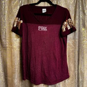 PINK Victorias Secret Maroon Gold Sequin Bling Logo Stretch T Shirt Small